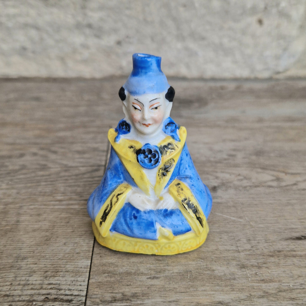 Antique Sitzendorf Ceramic Seated Figure Perfume Bottle - Missing Crown Top