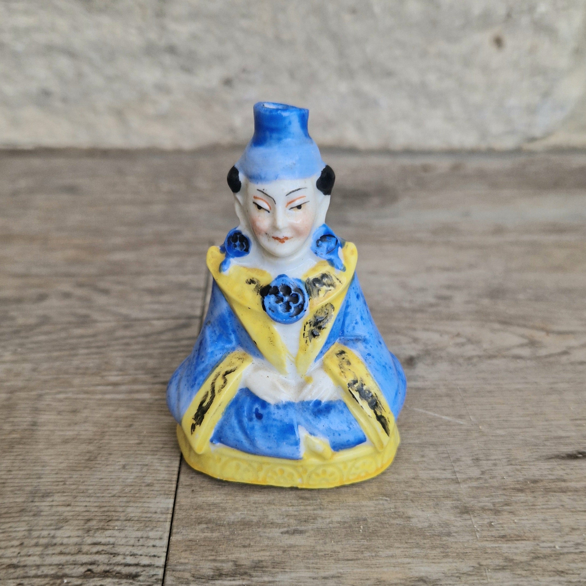Antique Sitzendorf Ceramic Seated Figure Perfume Bottle - Missing Crown Top