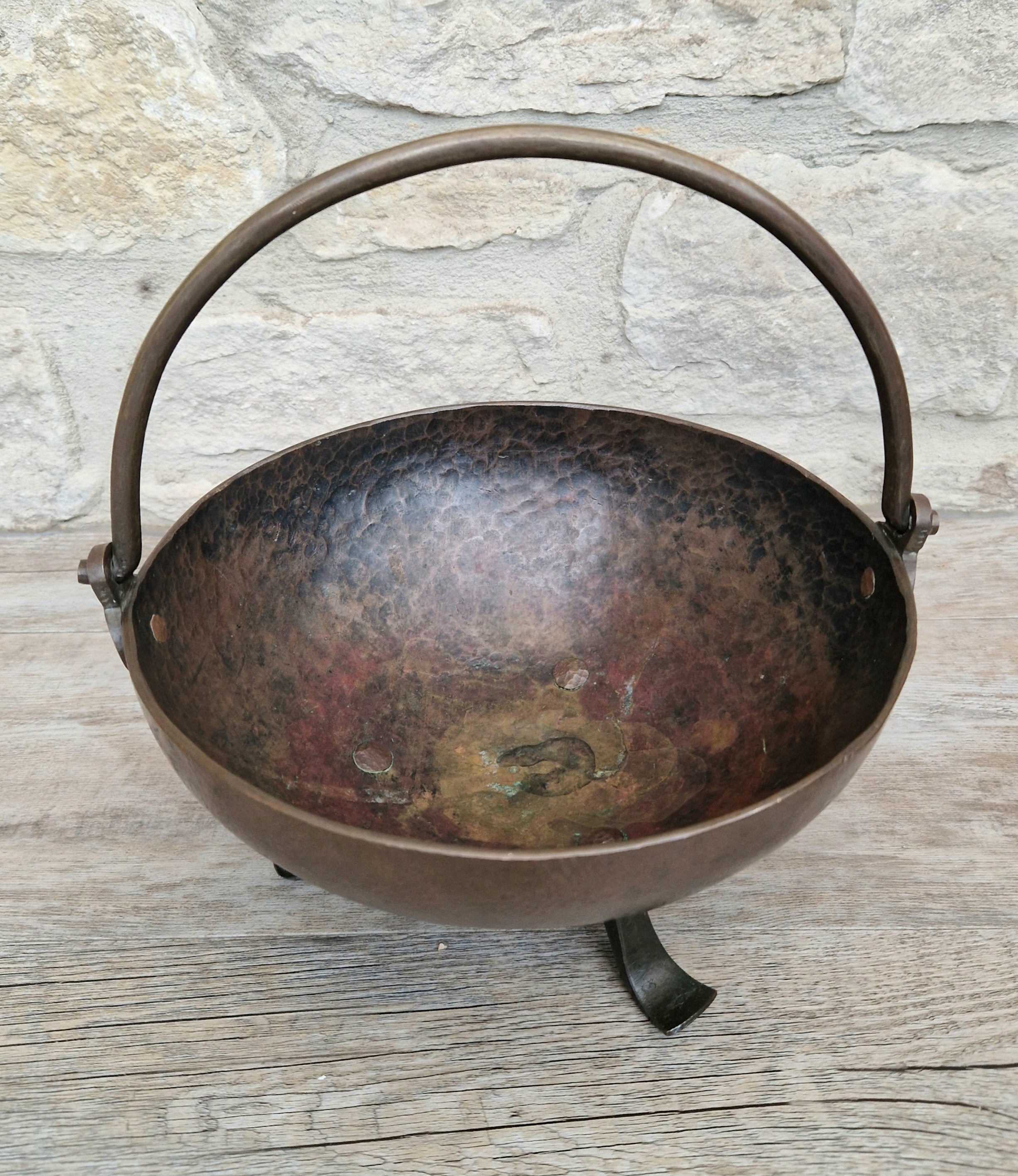 Antique Arts & Crafts Hand Beaten Solid Copper Brass Handled Tri-Foot Planter Bowl c.1890-1900's