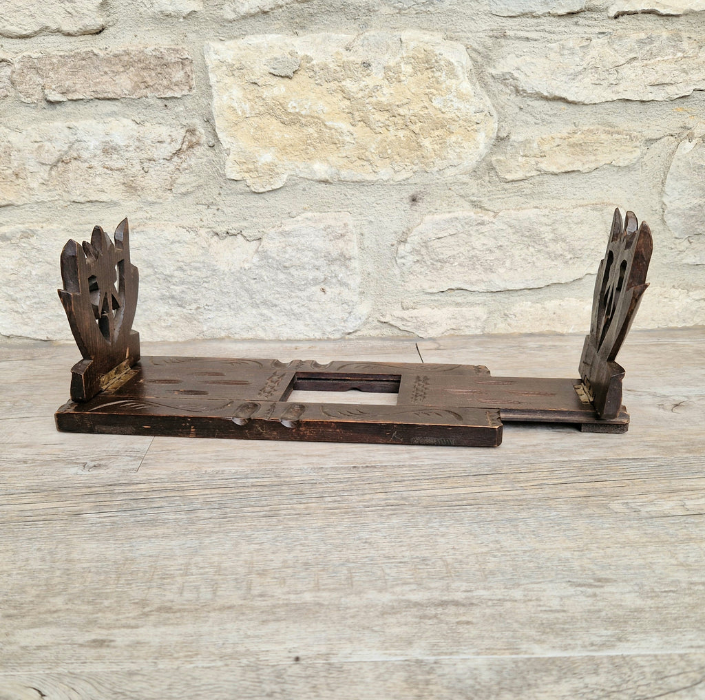 Antique Black Forest Carved Bookslide Continental Fruitwood Extending Book Shelf Rest c.1910