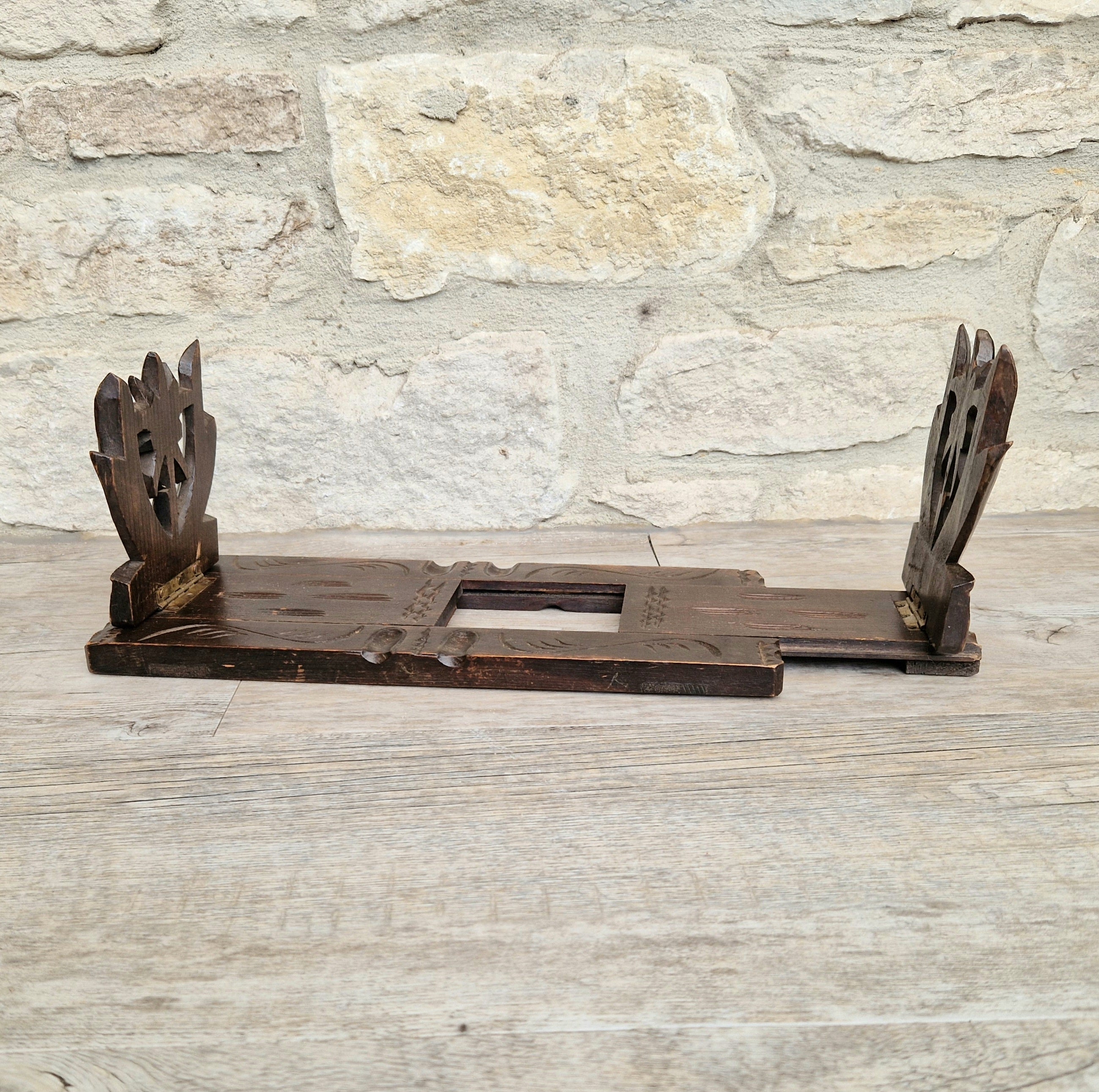 Antique Black Forest Carved Bookslide Continental Fruitwood Extending Book Shelf Rest c.1910