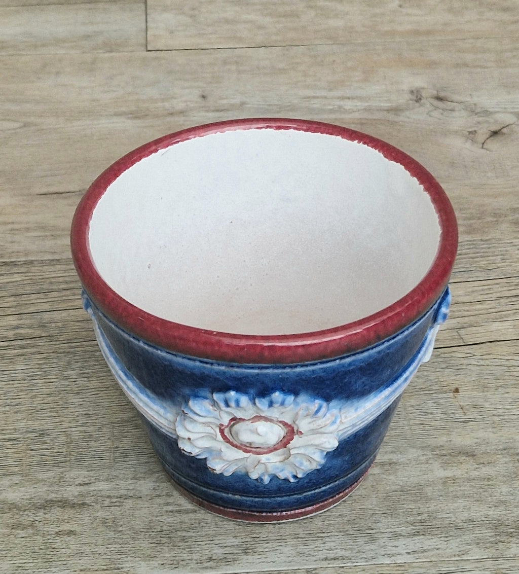 Italian Majolica Ceramic Blue & Red Floral Planter Vase Vintage