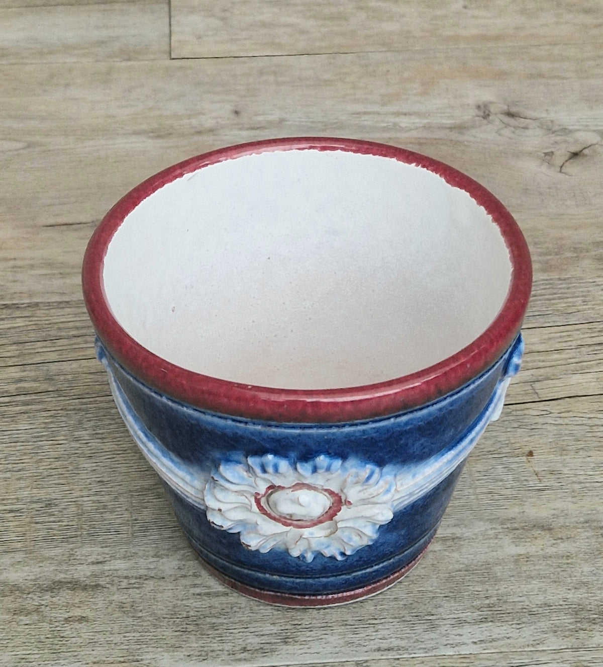 Italian Majolica Ceramic Blue & Red Floral Planter Vase Vintage