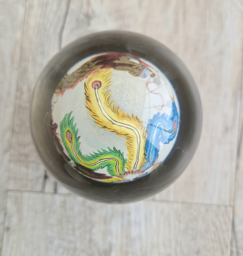 Vintage Chinese Reverse Painted Dragon & Pheonix Crystal Glass Ball Mounted Plinth