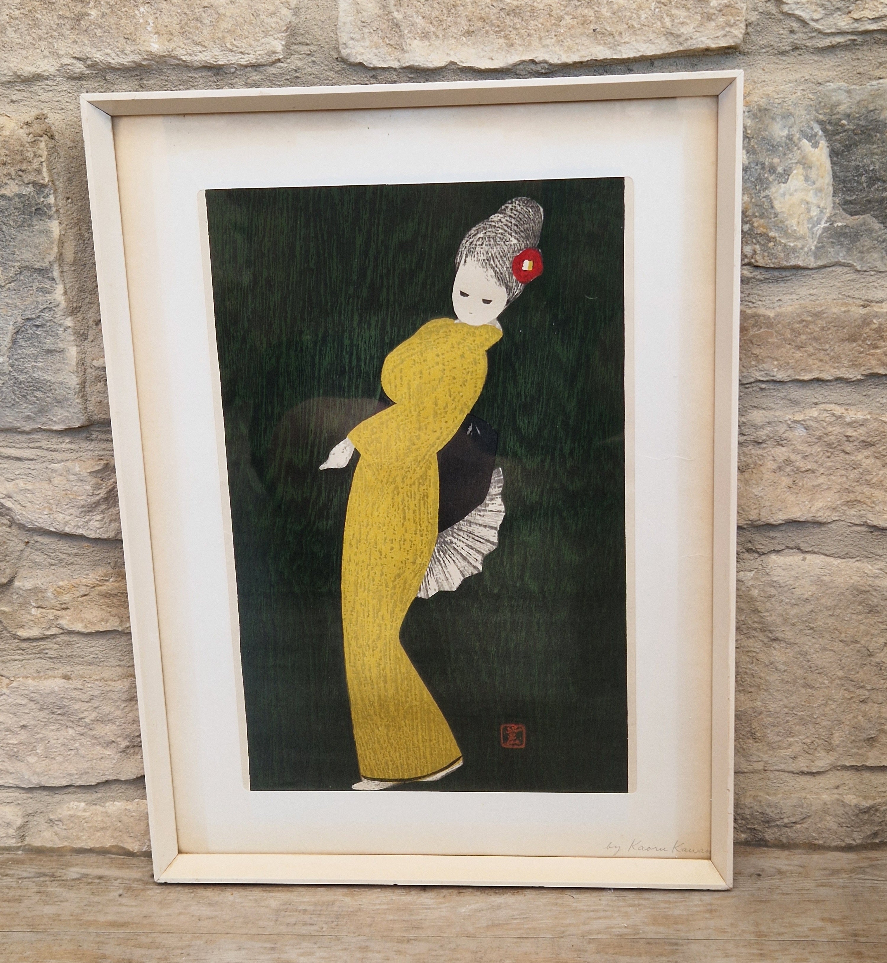 Vintage Kaoru Kawano Large Japanese Woodblock Print Camellia Yellow Kimono Mid-Century Framed