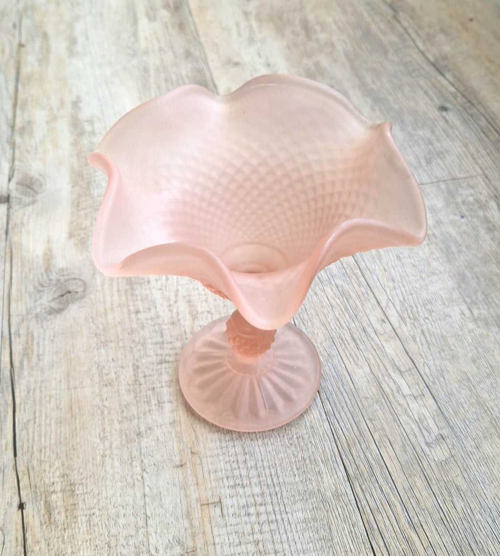Vintage Pink Satin Glass Hobnail Pedestal Sundae Dessert Glasses Set of 2 Retro Dishes