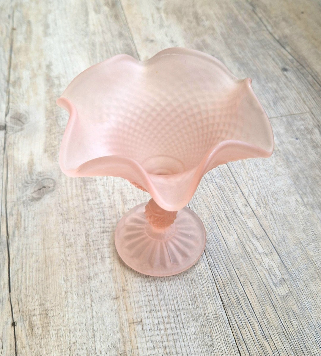 Vintage Pink Satin Glass Hobnail Pedestal Sundae Dessert Glasses Set of 2 Retro Dishes