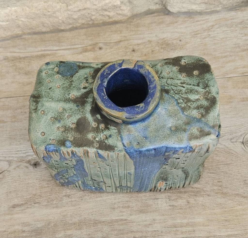Mcm Vase Dripware Ceramic Blue Decorative Stoneware Berachah Pottery Devon England 14cm X 14cm