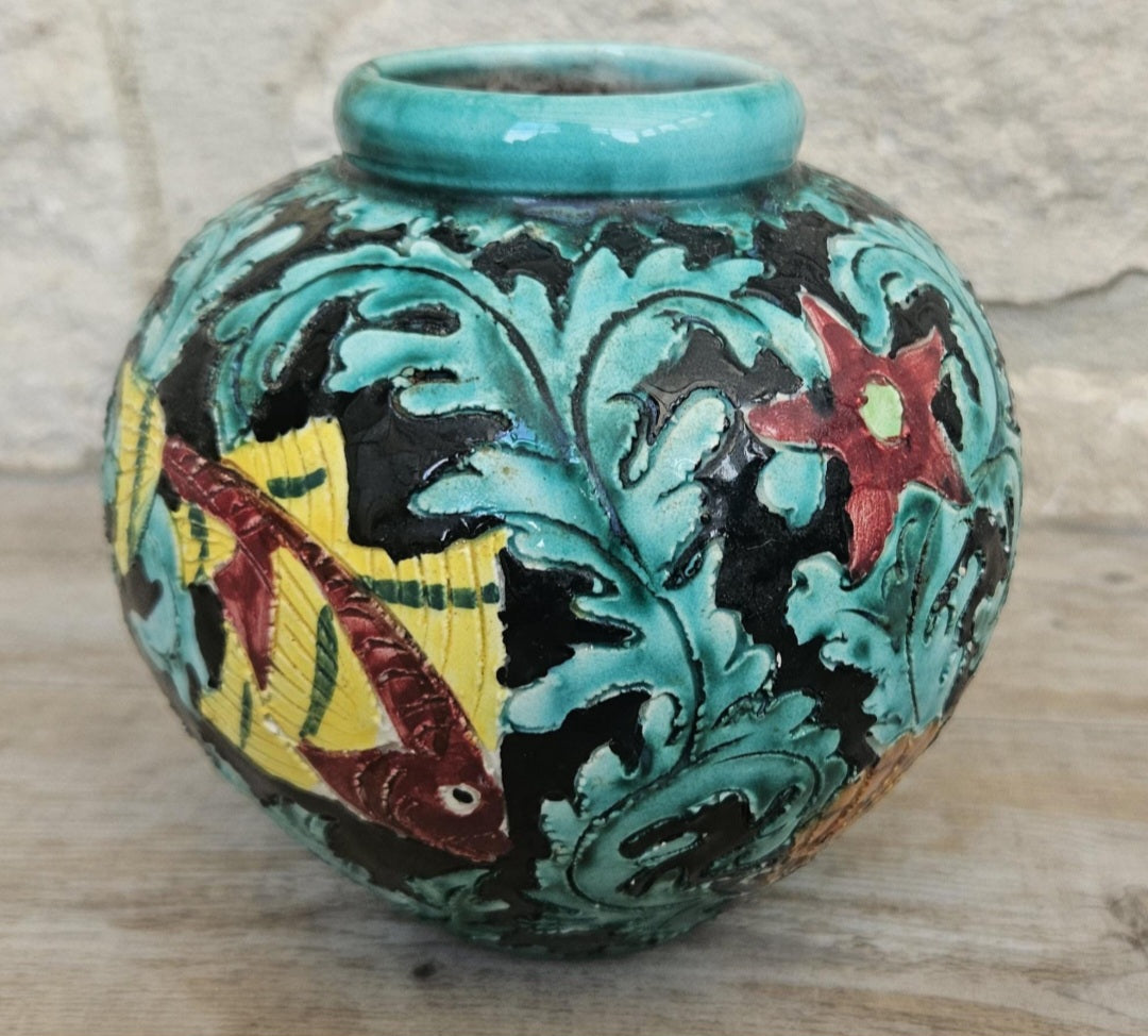 Midcentury Fish Art Vase Colourful Cerart Monaco Marine Decor 12cm Tall