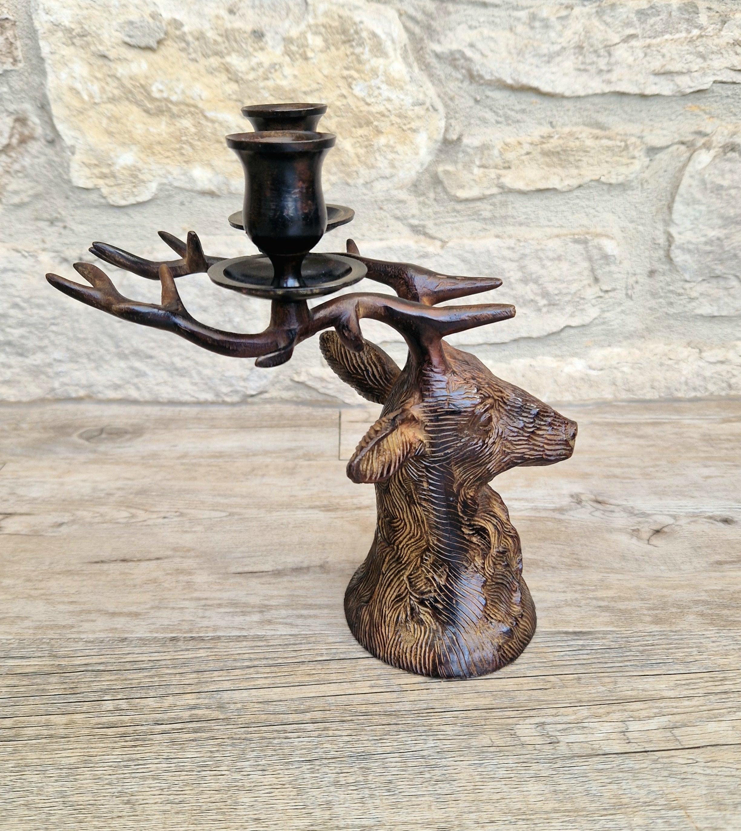 Vintage Heavy Patinated Bronze Stag Head Bust Double Candle Holder Table Decor