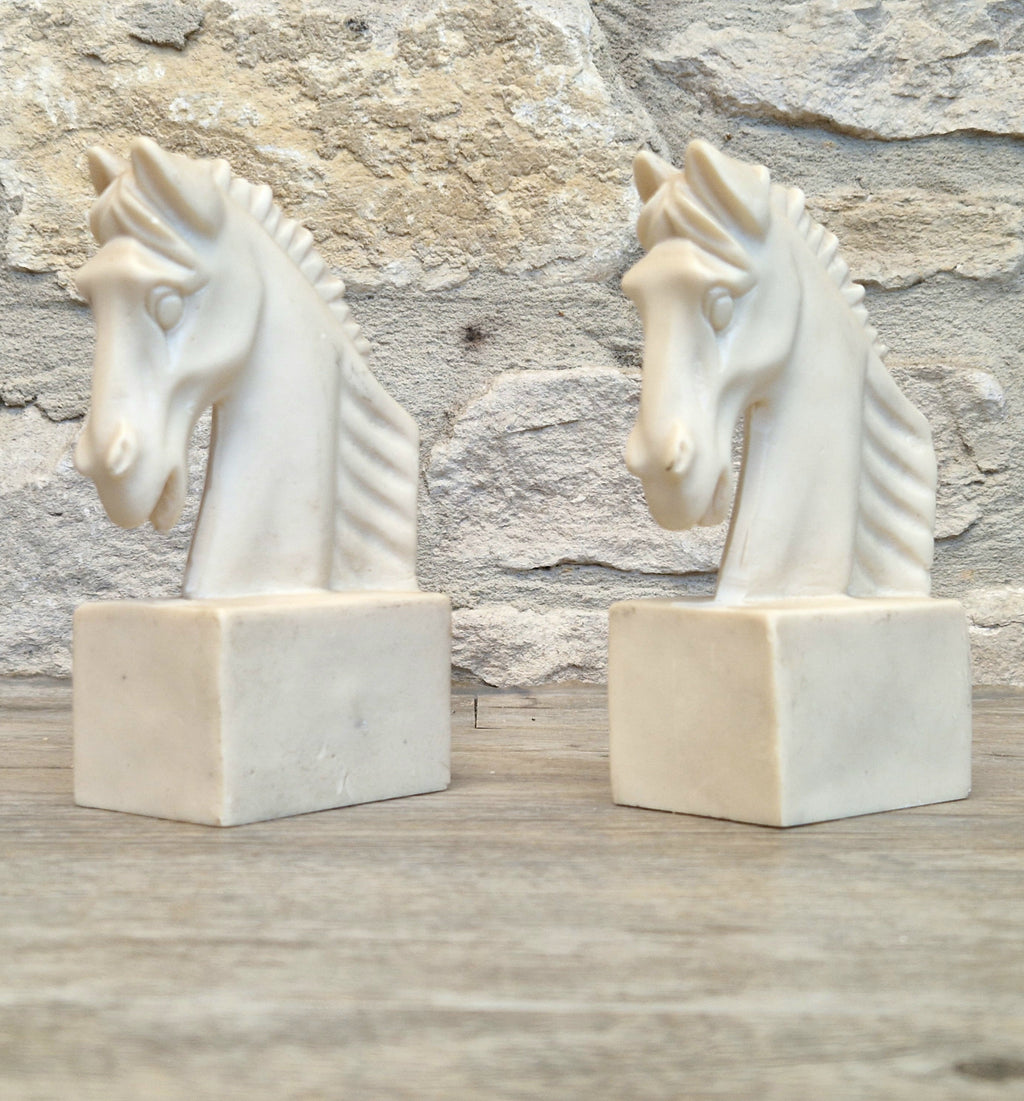 Vintage Continental White Stallion Horse Head Resin Book Ends Ornaments