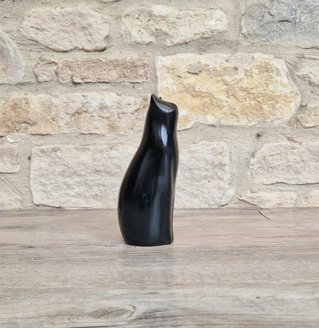 Perry Lancaster Sitting Cat Sculpture – Gloss Black Resin Figurine,Mid Century Decor 17cm