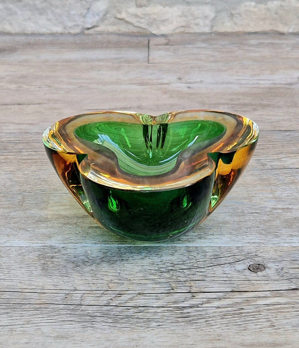 Mid-Century Tri-Form Seguso Sommerso Murano Art Glass Bowl Amber & Green 1970s 13cm