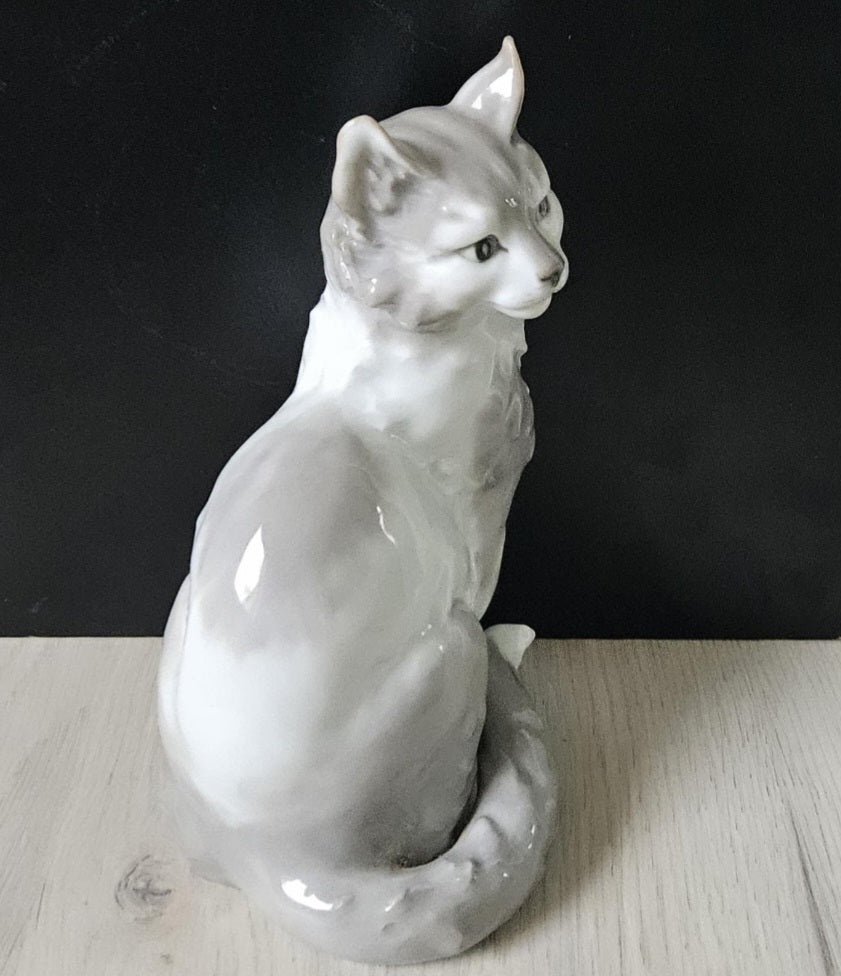 Vintage Cat Ornament Grey White Glazed Porcelain Sitting Cat Pointy Ears 8" Tall