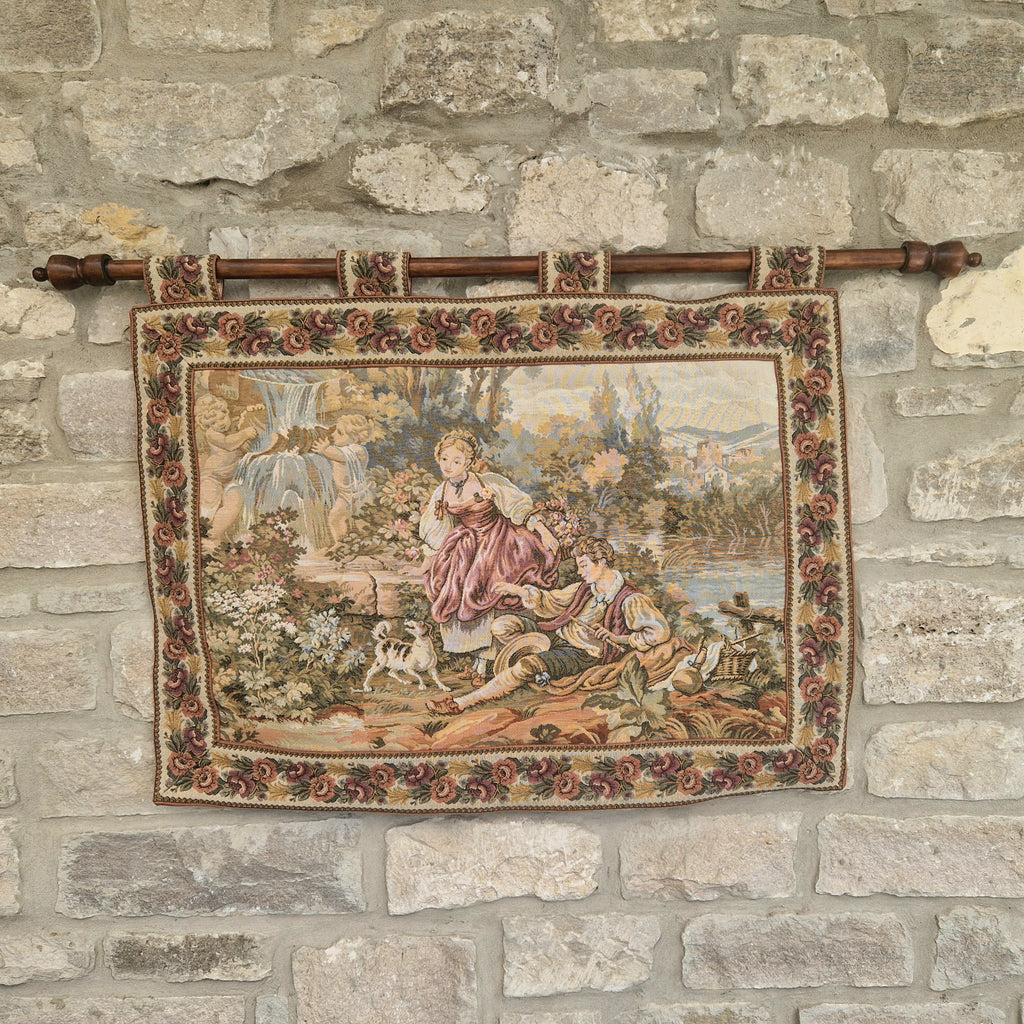 Vintage French Jaquard Pastoral Tapestry Wall Hanging Mounted on Oak Finialled Pole Linned & Finished in England 86cm x 62cm