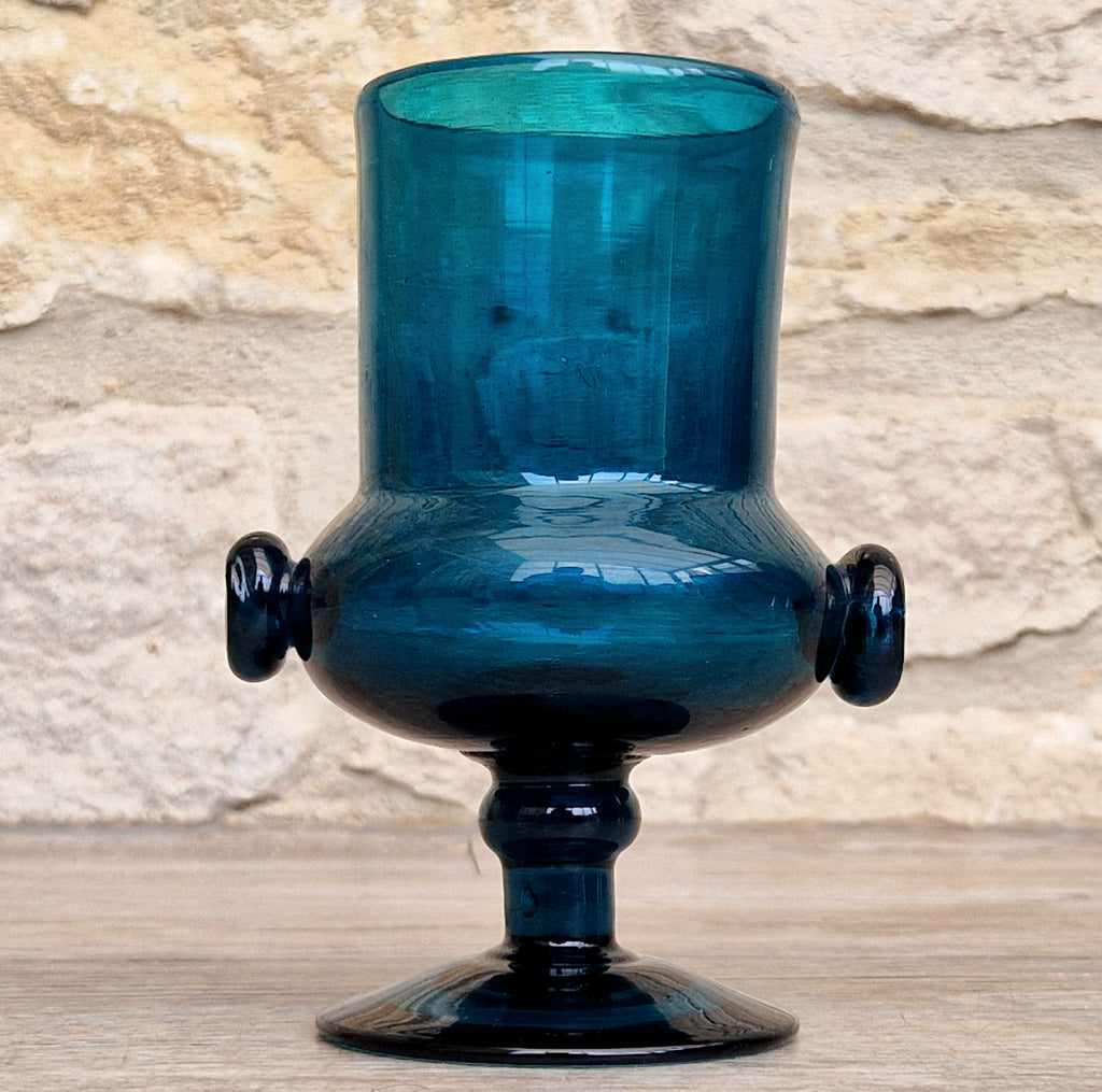 Mid-Century Bertil Vallien for Boda Glass "Basun" Blue Art Glass Wine Goblet Vase