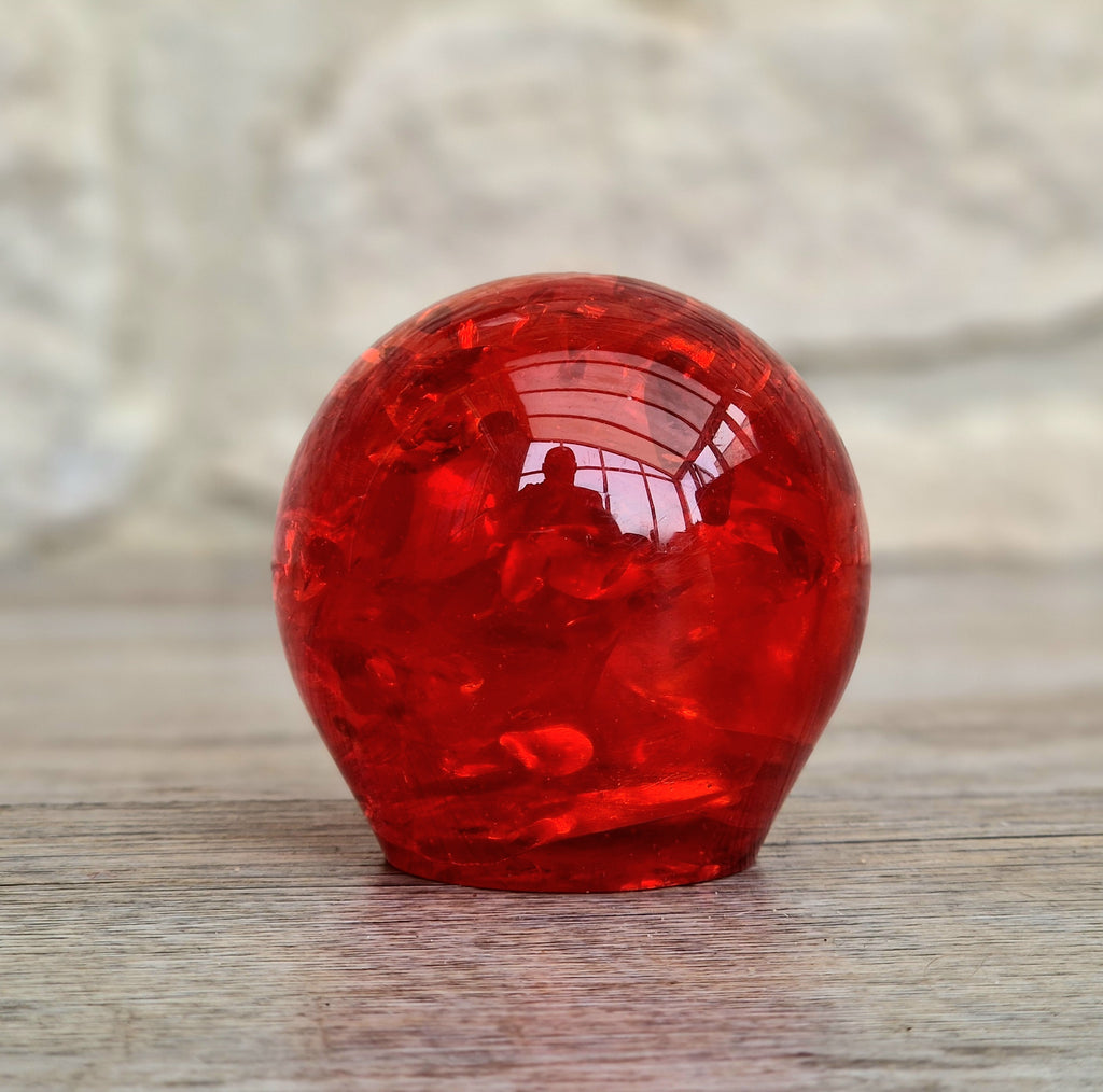 Vintage 1960s Shattaline Resin Orb Paperweight Bright Red Fractured Ice Mid Century Desk Ornament