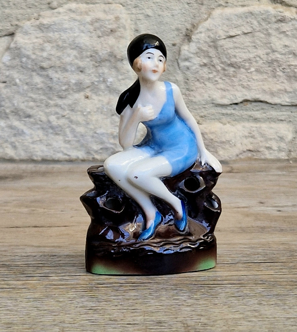 Art Deco Flapper Girl Bathing Belle Figure Ornament Ceramic Hat Pin Holder Continental 1930's