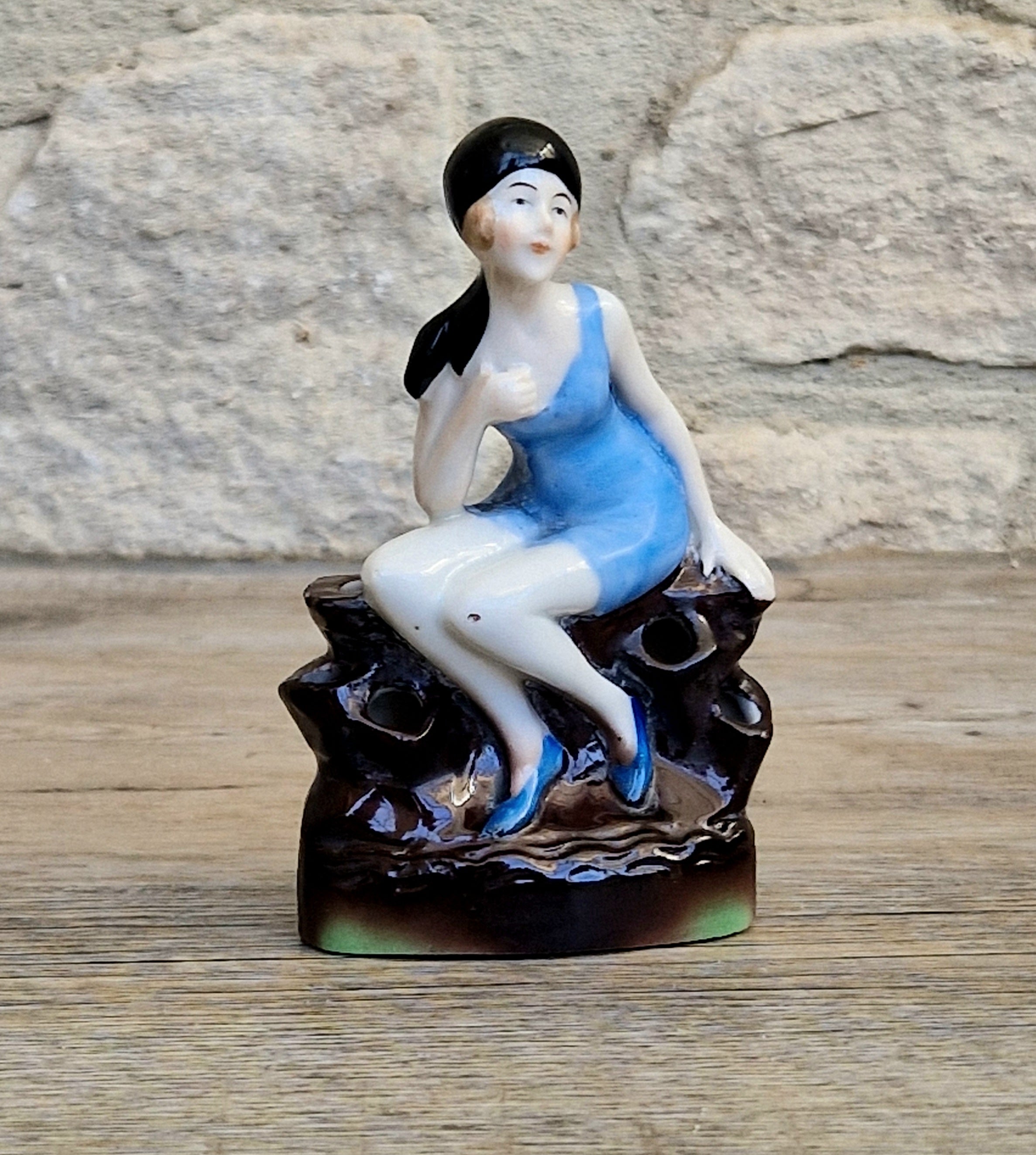 Art Deco Flapper Girl Bathing Belle Figure Ornament Ceramic Hat Pin Holder Continental 1930's