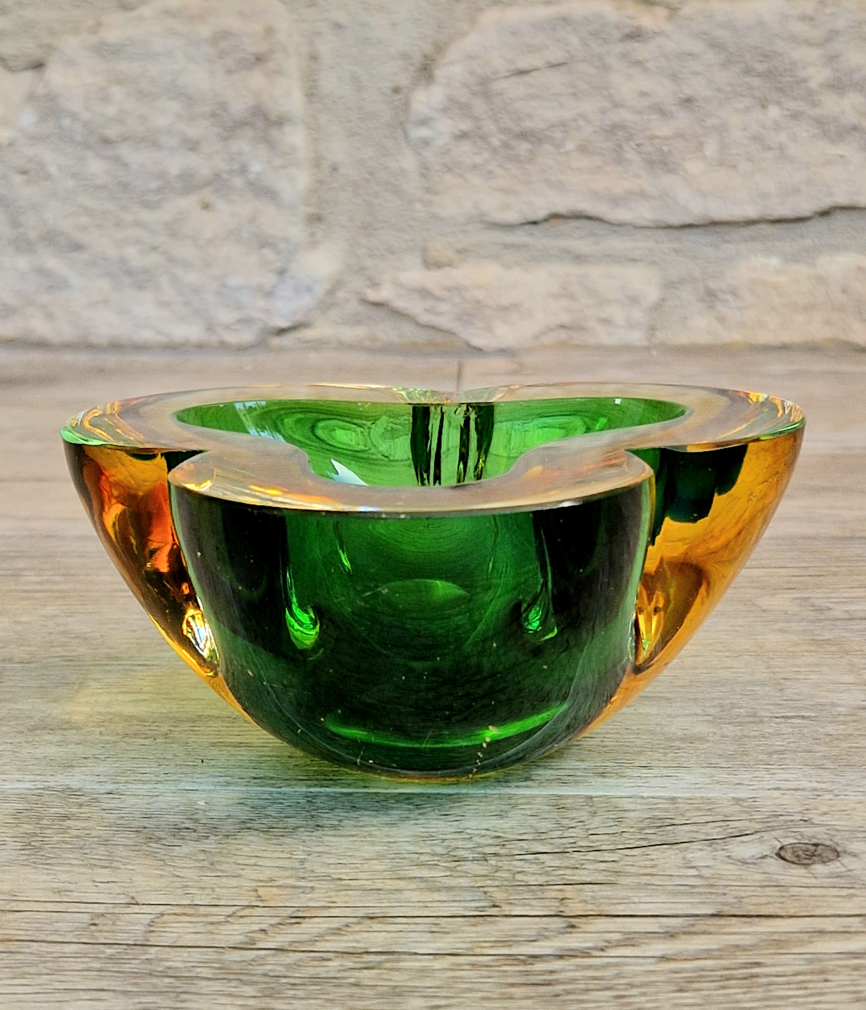 Mid-Century Tri-Form Seguso Sommerso Murano Art Glass Bowl Amber & Green 1970s 13cm