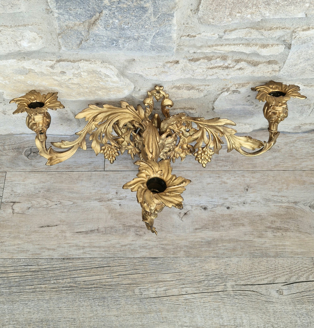 A Single French Louis XV Style Gilt Bronze 3 Branch Applique Sconce c.1900