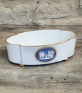 Vintage Vista Alegre Footed Centerpiece, White and Gold Porcelain Scalloped Planter Bowl Blue Jasperware Cherub Cameo
