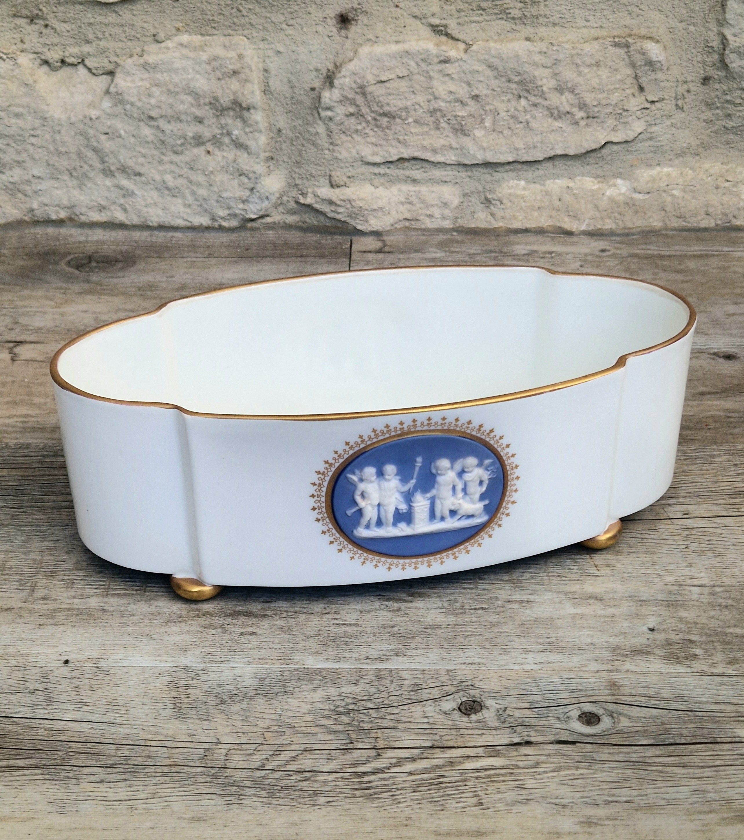 Vintage Vista Alegre Footed Centerpiece, White and Gold Porcelain Scalloped Planter Bowl Blue Jasperware Cherub Cameo