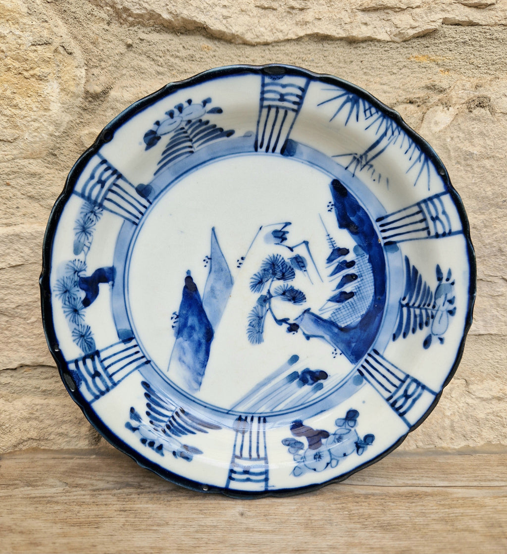 Japanese Ceramic Namasu-Zara Dish Blue & White Arita Edo 'Scholar's Retreat' Kraak Style Rare Antique
