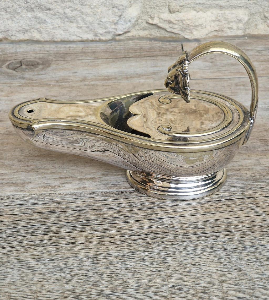 Antique Victorian Silver Plated Spoon Warmer Brass Oil Lamp Style Lion Mask Handle