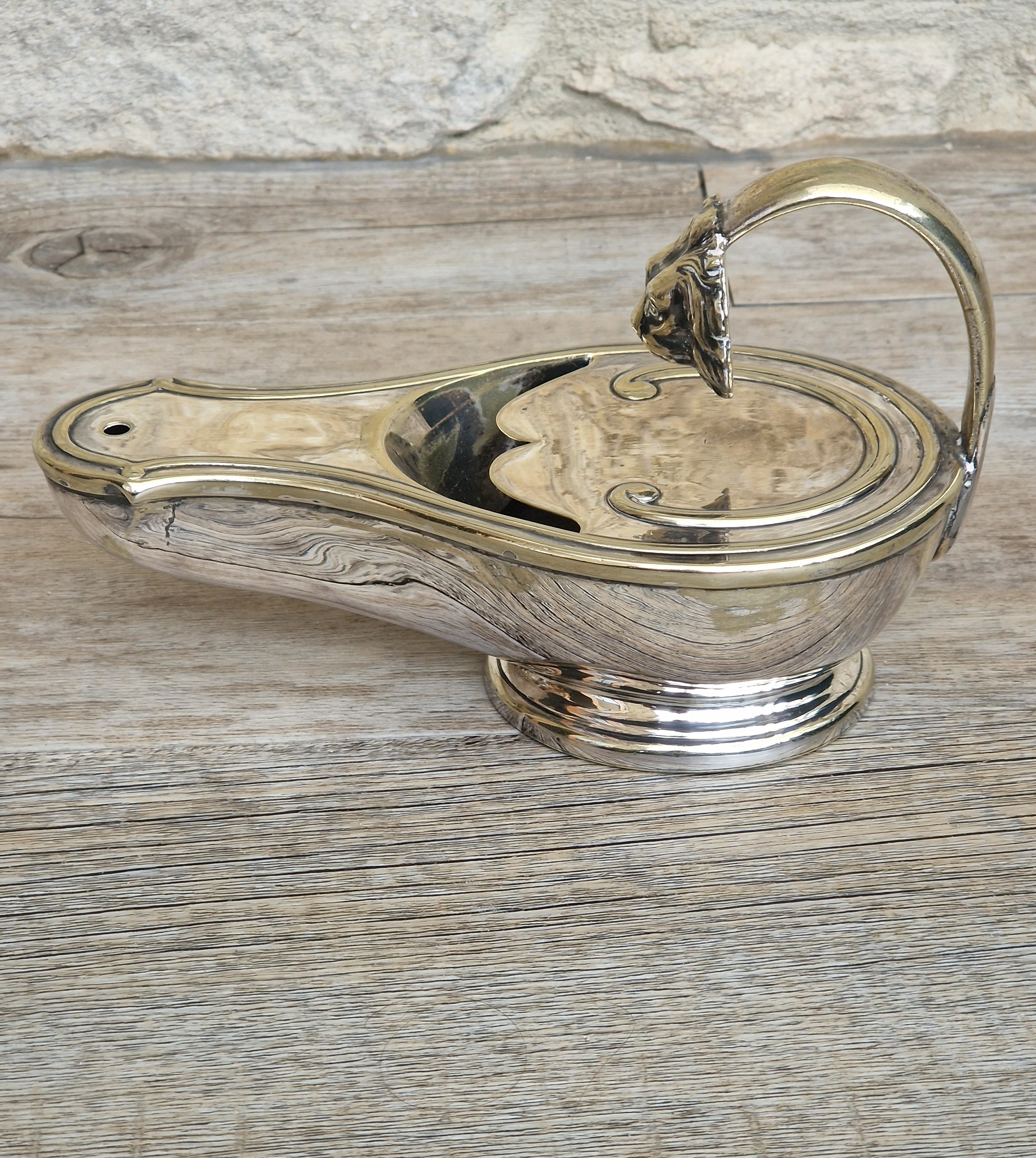 Antique Victorian Silver Plated Spoon Warmer Brass Oil Lamp Style Lion Mask Handle