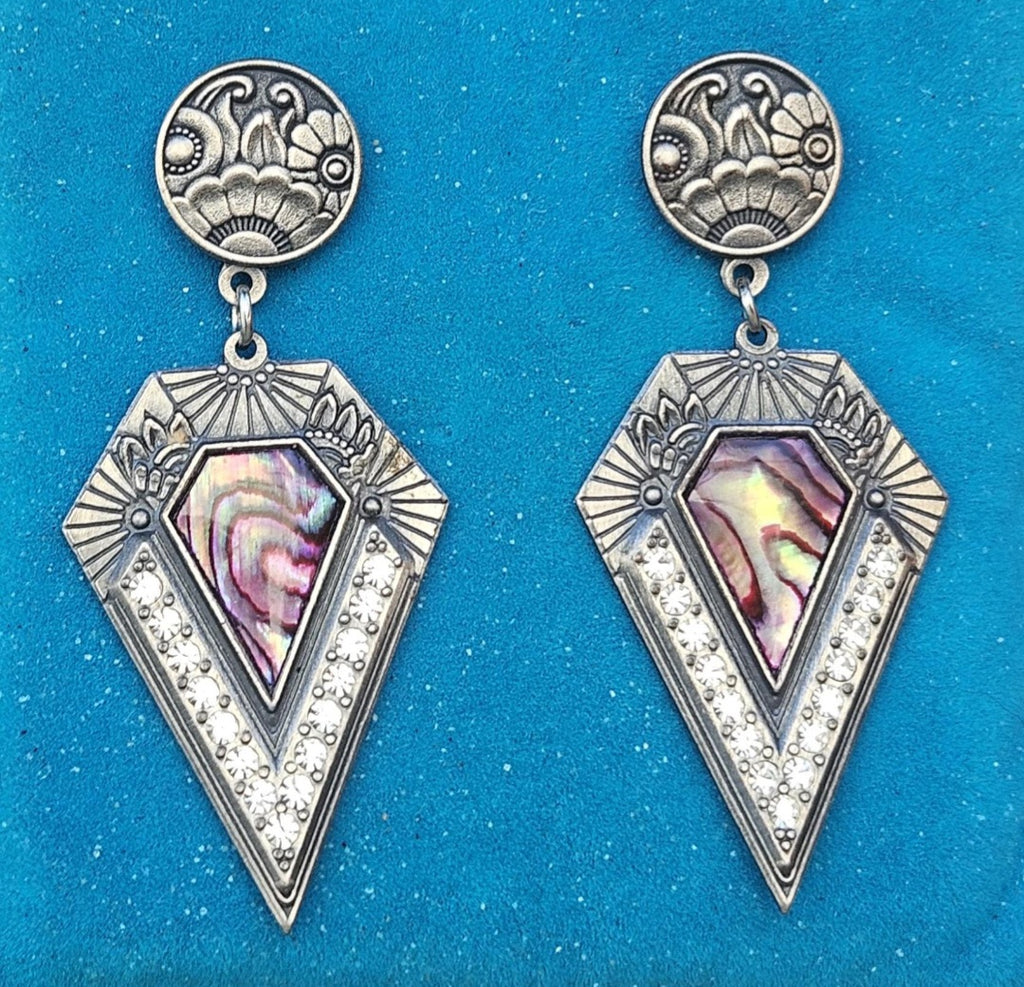 Vintage Art Deco Style Earrings Duri Drop Dangle Stamped 1980s Pewter.