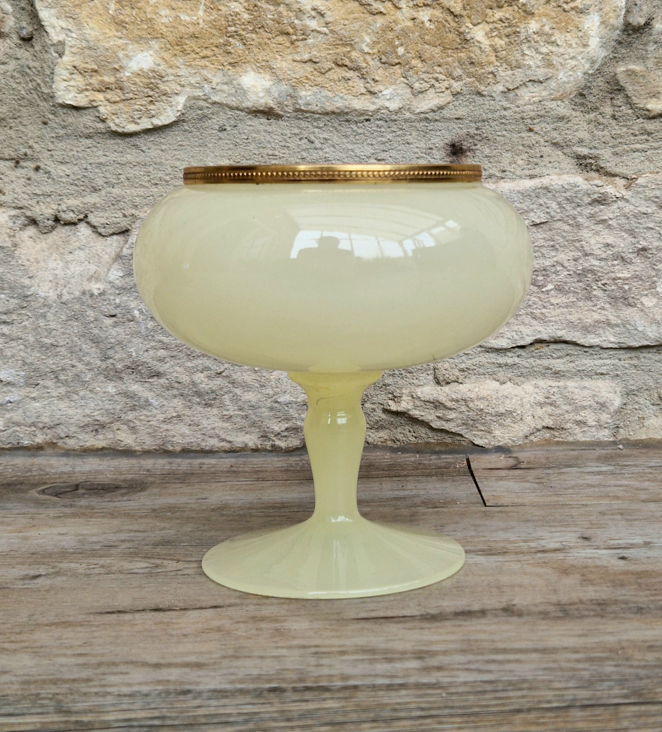 Vintage Italian Opaline Green Glass by Vincenzo Nason 1950s Hand Blown Gilt Rim Pedestal Candy Dish