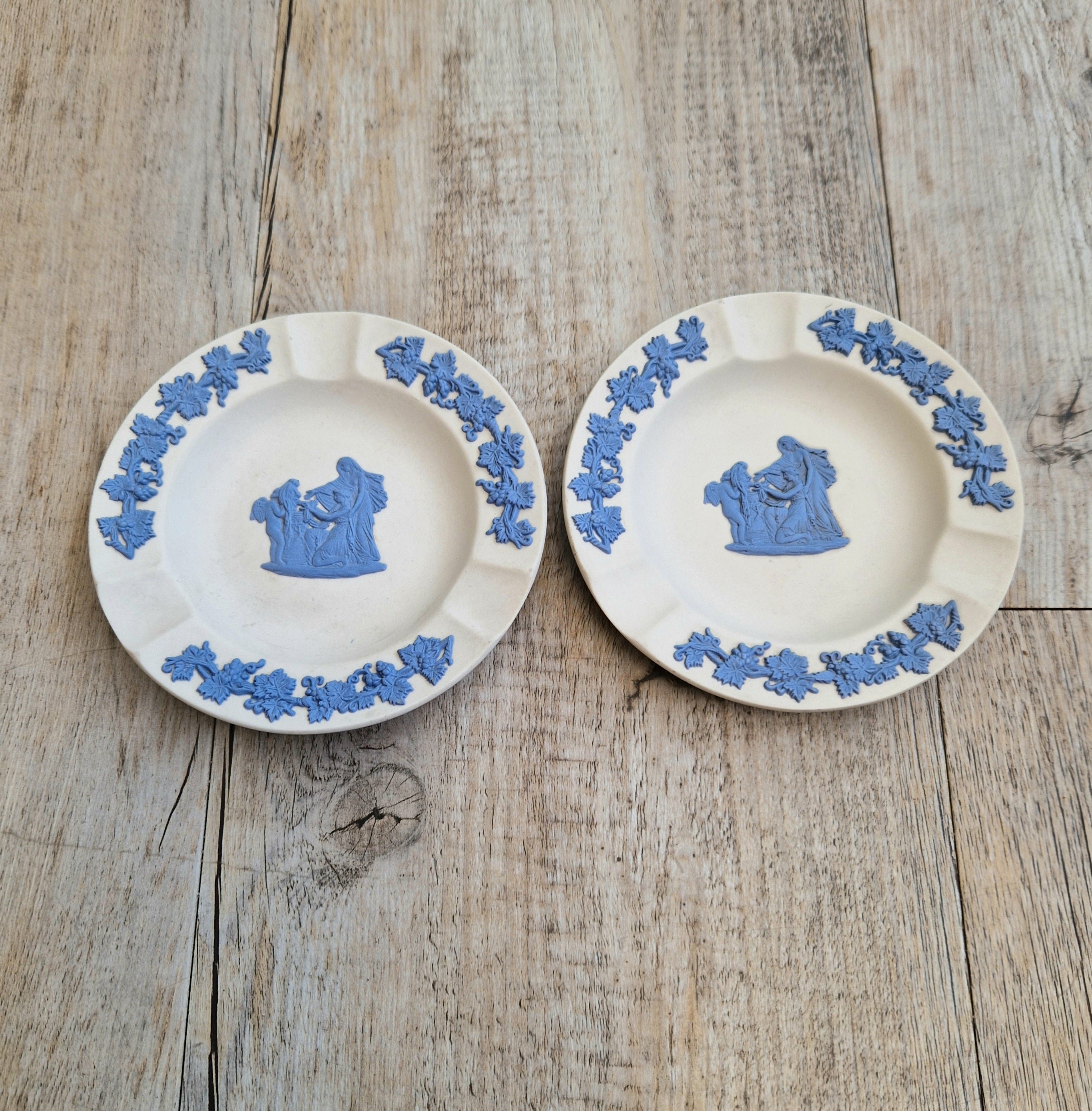 Pair Wedgwood Reverse Blue on White Jasperware Neo-Classical Pin Tray Ashtrays Vintage