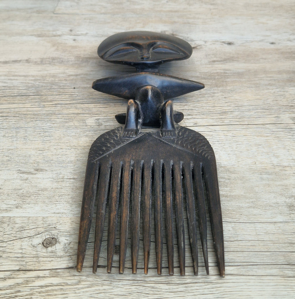 Vintage 31cm Ashanti Wooden Comb Duafe Hand Carved African Tribal Art Ghana Akuaba Doll