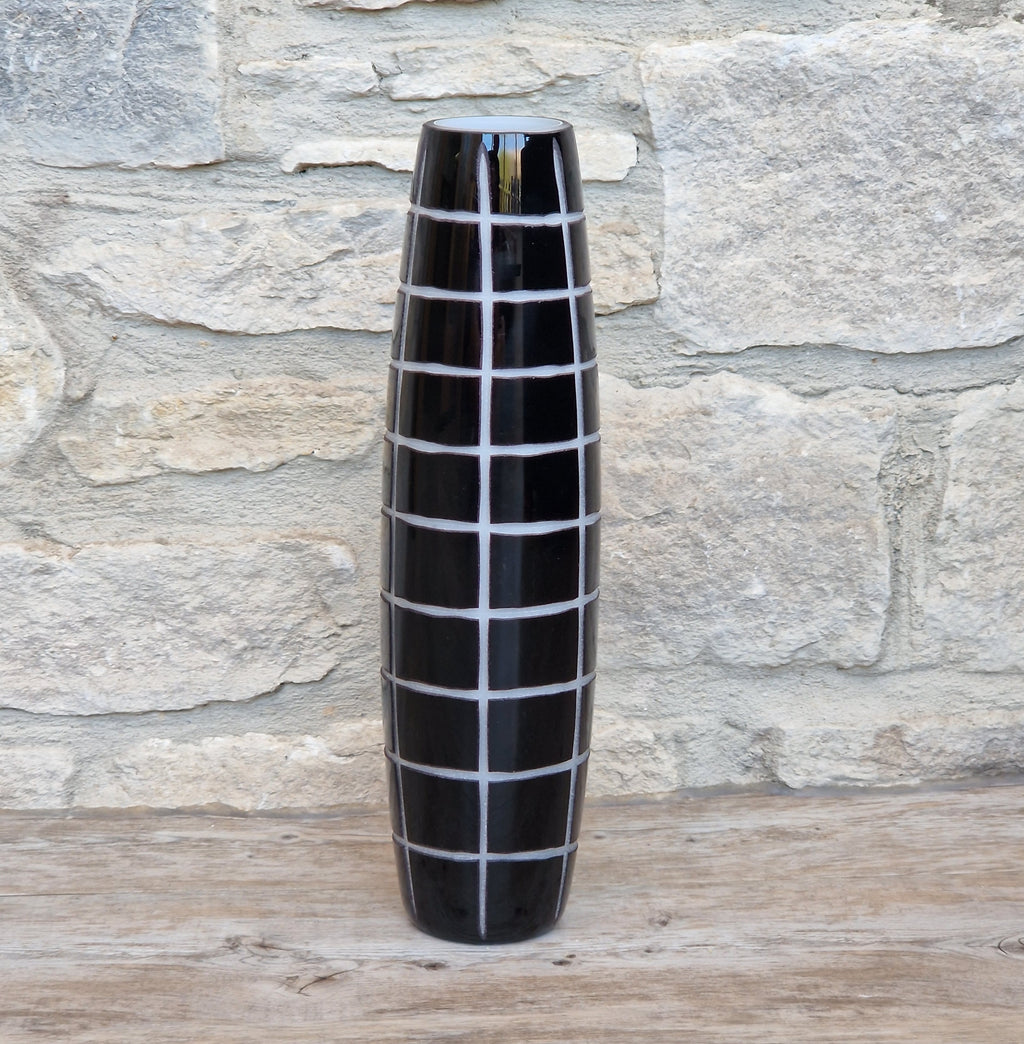 Mid-Century Modern Black & White Cased Cameo Art Glass Tall Geometric Grid Vase
