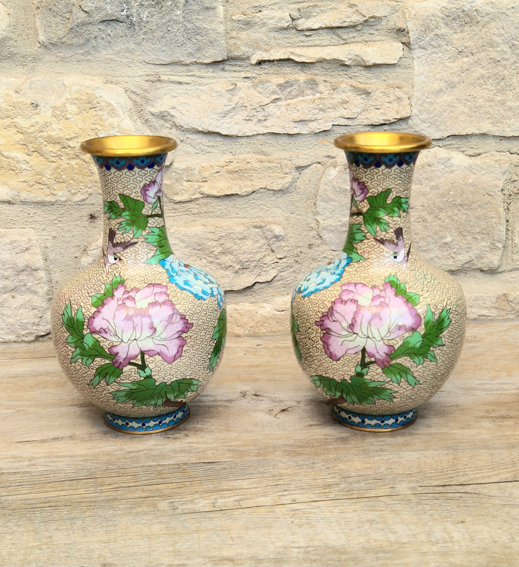 Pair Of Large Cloisonne Mirror Matched Peony Vases Mid 20th Century Exemplary Condition 23cm