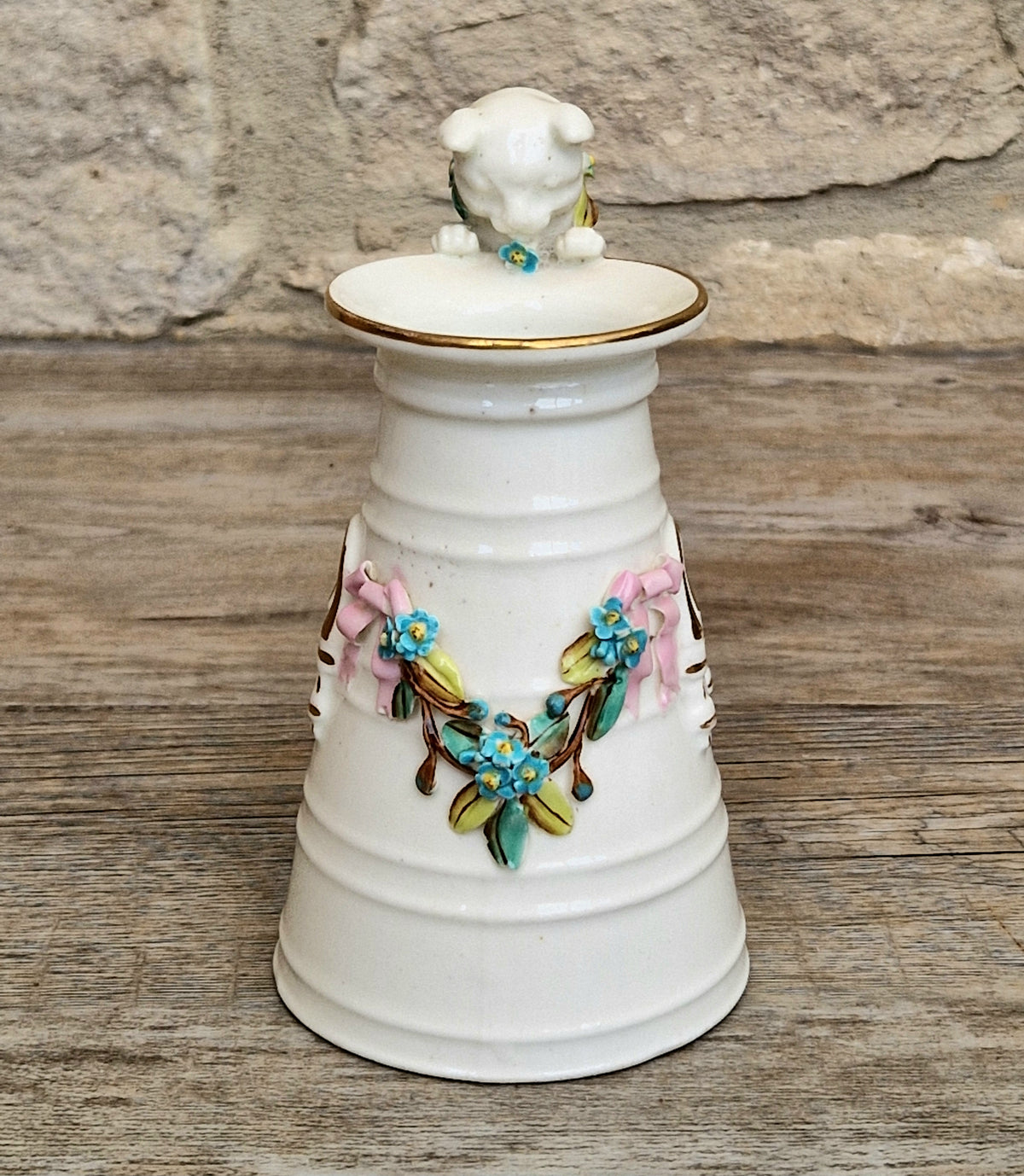 Antique Copeland Porcelain Cat Cream Churn Vases Pair Floral Applied Flowers Gilt 19th Century
