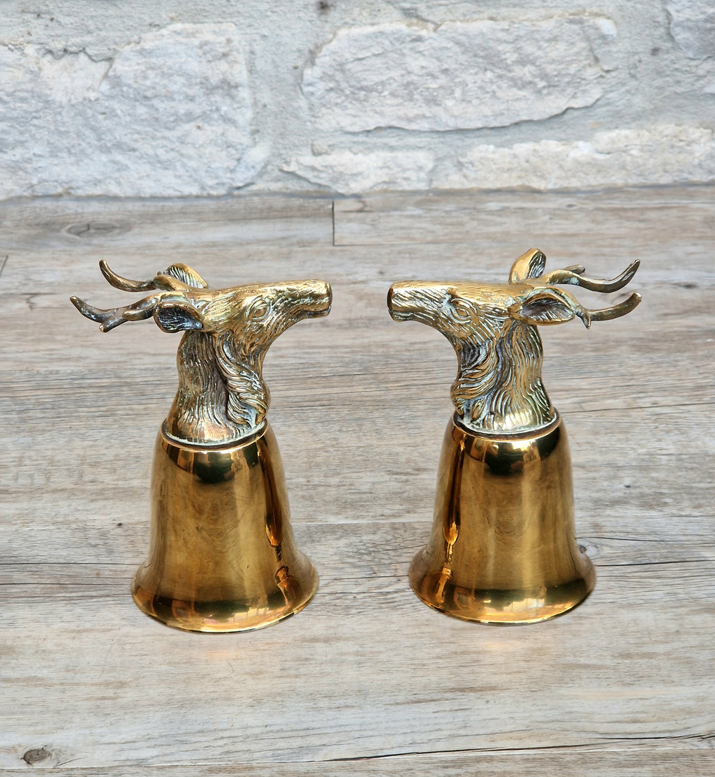 Pair Vintage Brass Stag Stirrup Cups Silver Plated Interiors Naturally Patinated Hunting Barware 1970s