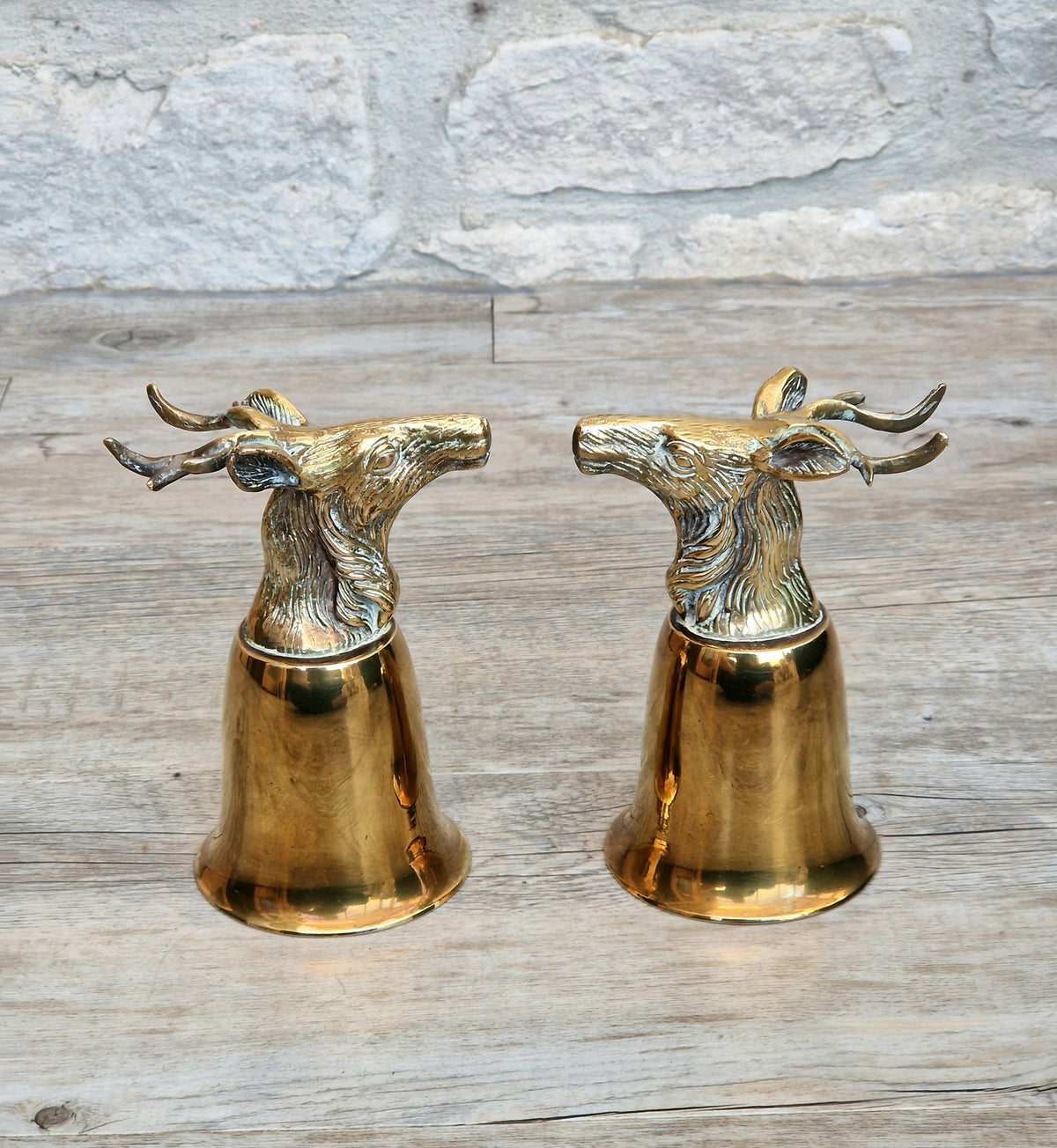 Pair Vintage Brass Stag Stirrup Cups Silver Plated Interiors Naturally Patinated Hunting Barware 1970s