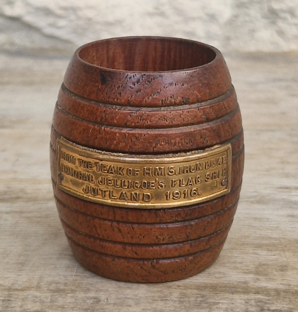 HMS Iron Duke Teak Barrel WWI Battle of Jutland Maritime Relic Admiral Jellicoe Flagship Souvenir Treen Match Holder Vesta