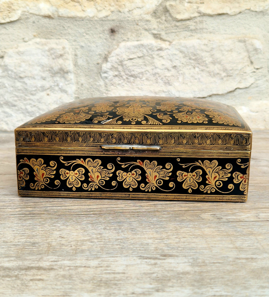 Vintage Brass Black Enamelled Large Ornate Teak-Lined Desk Cigar Box