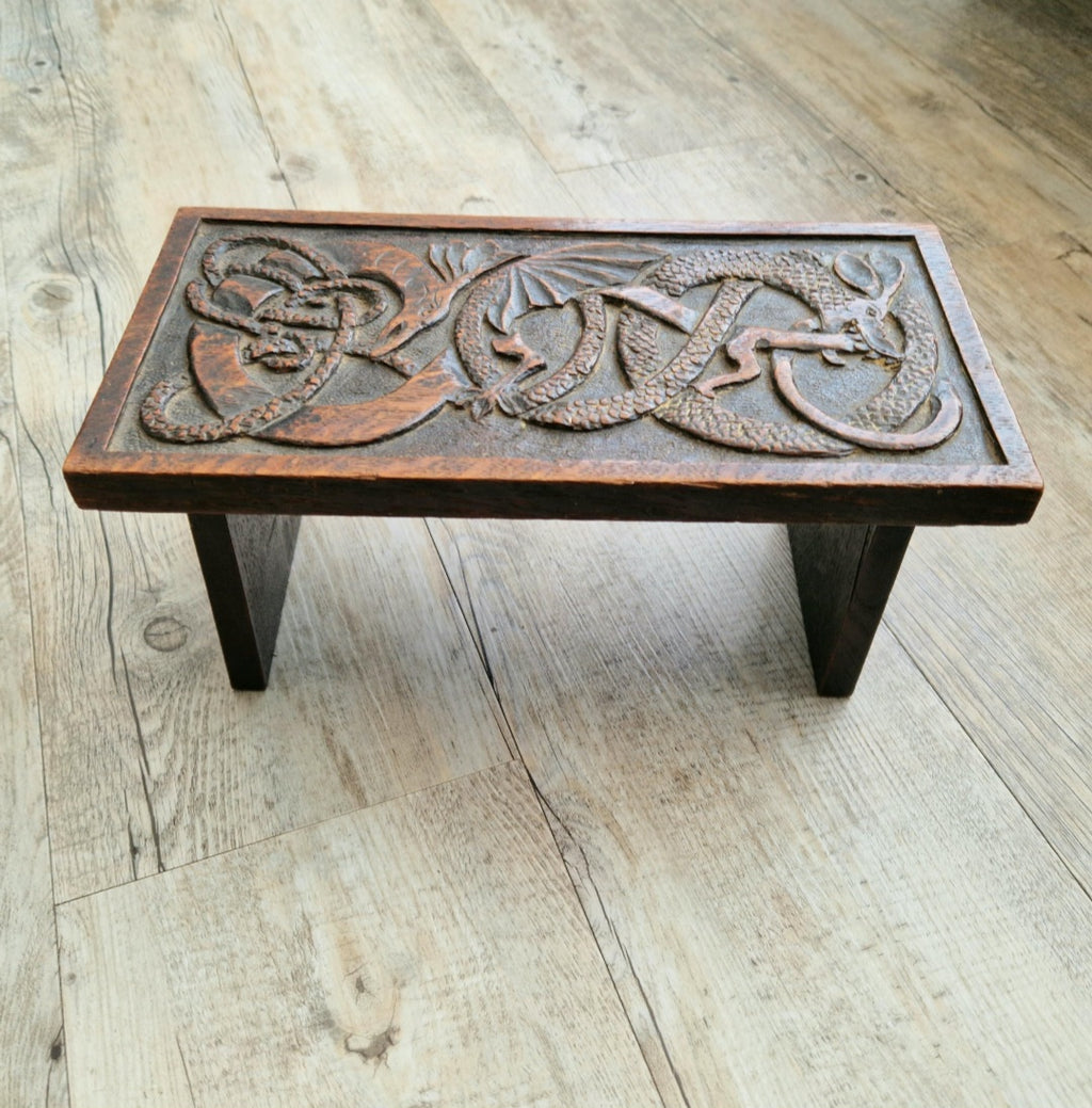 Antique Oak Dragon Foot Stool Carved Celtic Design, Rustic Foldable Furniture