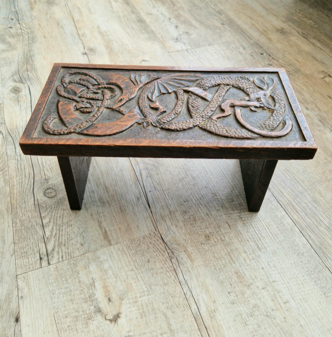 Antique Oak Dragon Foot Stool Carved Celtic Design, Rustic Foldable Furniture