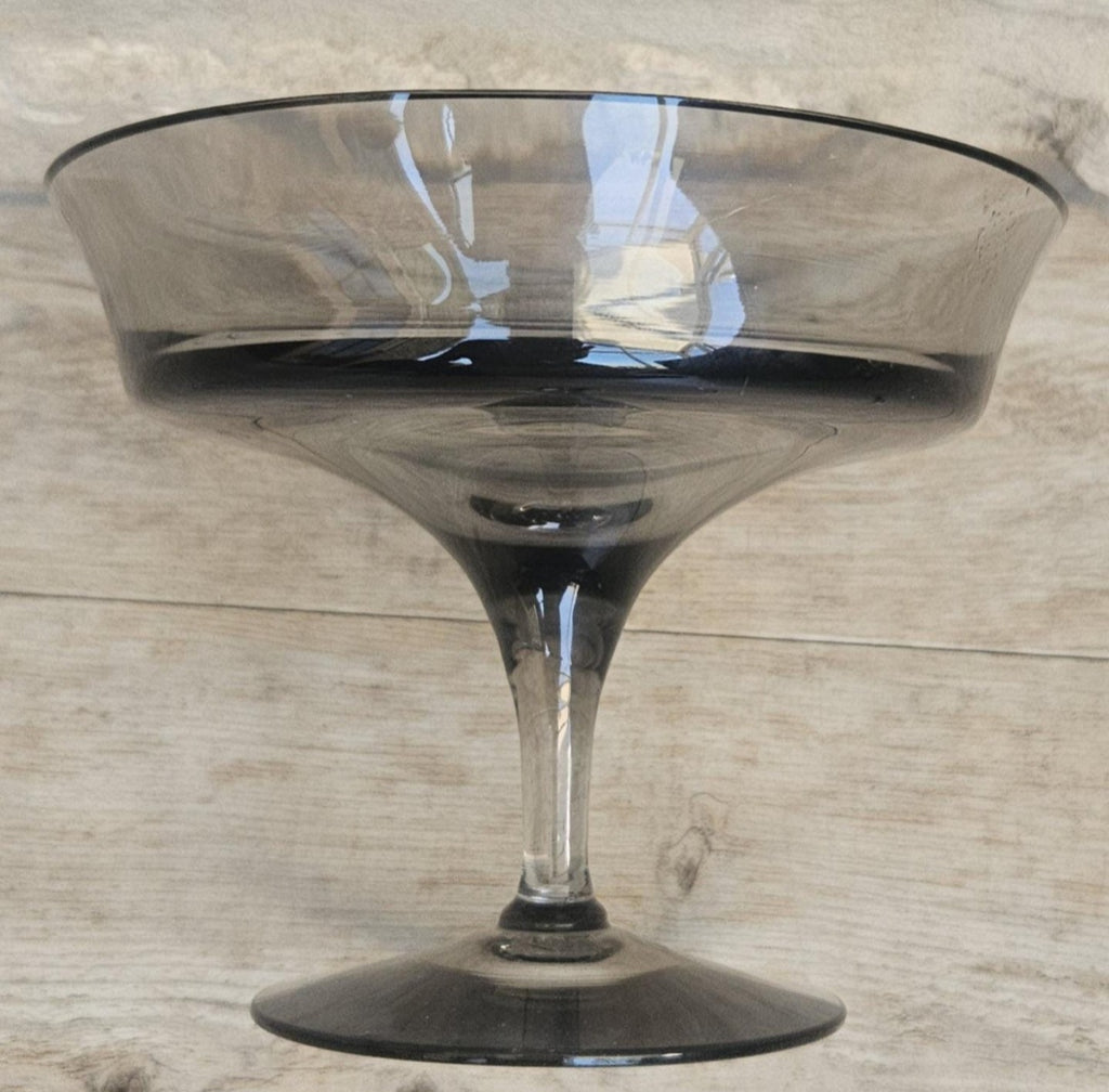 Midcentury Small Glass Compote Tazza By Wedgwood Smoky Glass Made in England Stamped