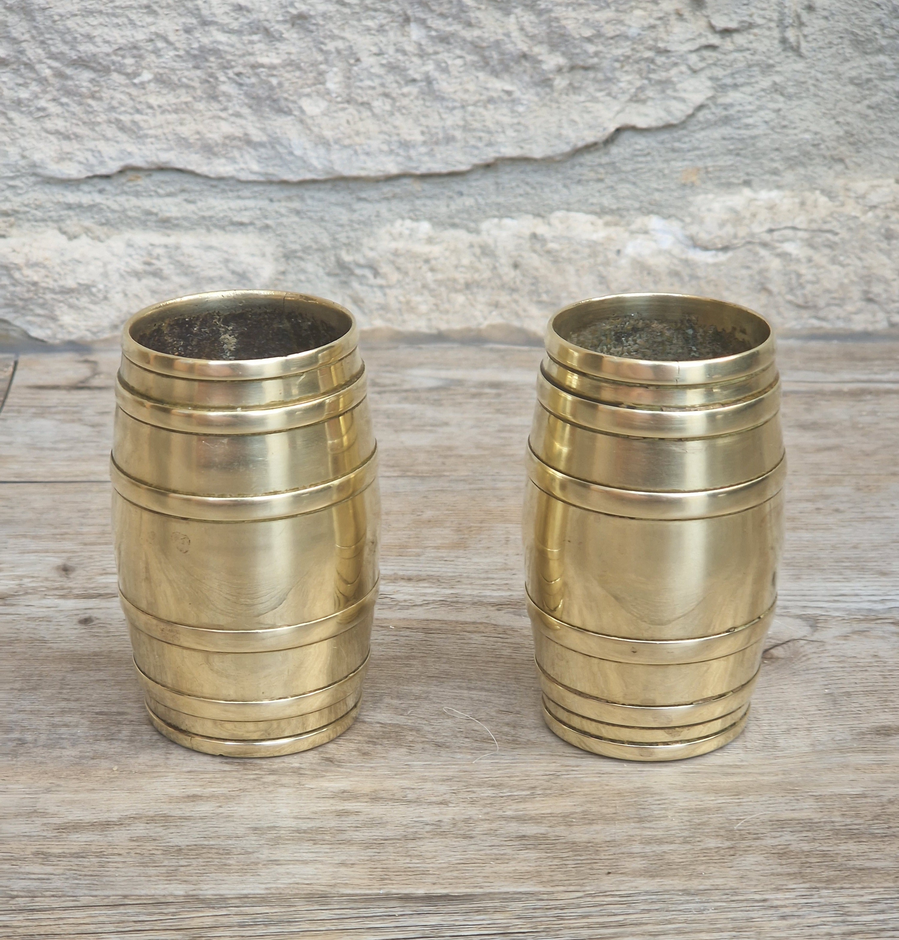 Pair of Vintage Brass Bound Barrel Table Match Holders Desk Pen Holders