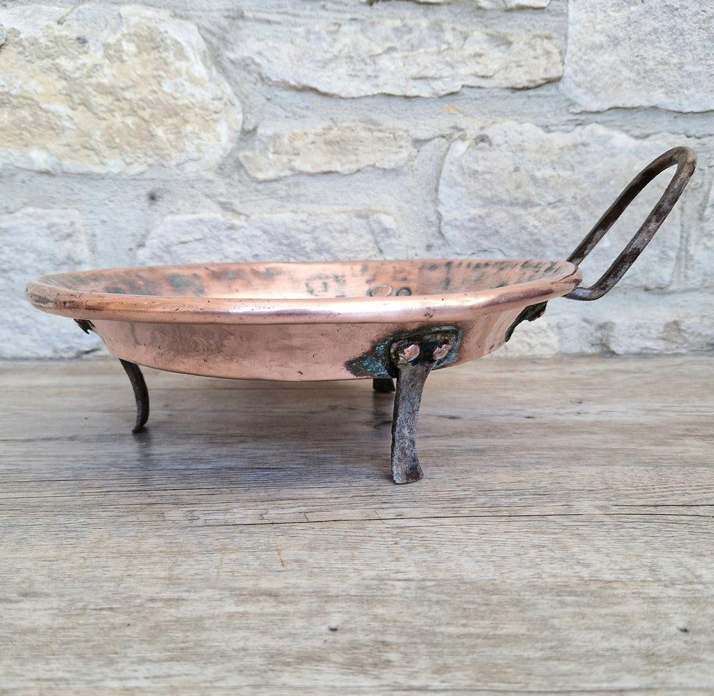 18th - 19th Century Copper & Iron Handle French Tripod Footed Tart Pan Rare Antique Kitchenalia