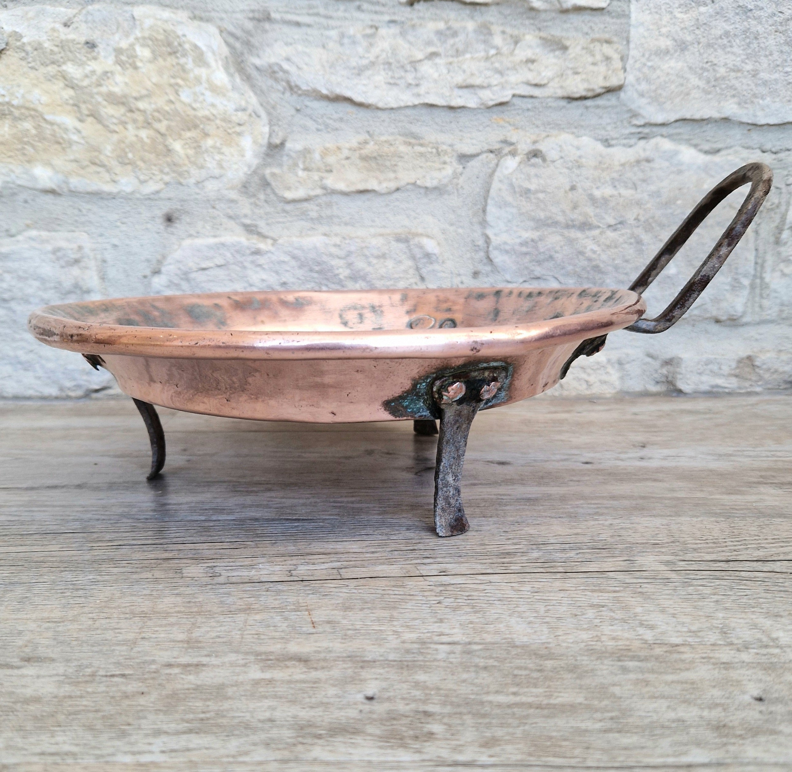 18th - 19th Century Copper & Iron Handle French Tripod Footed Tart Pan Rare Antique Kitchenalia