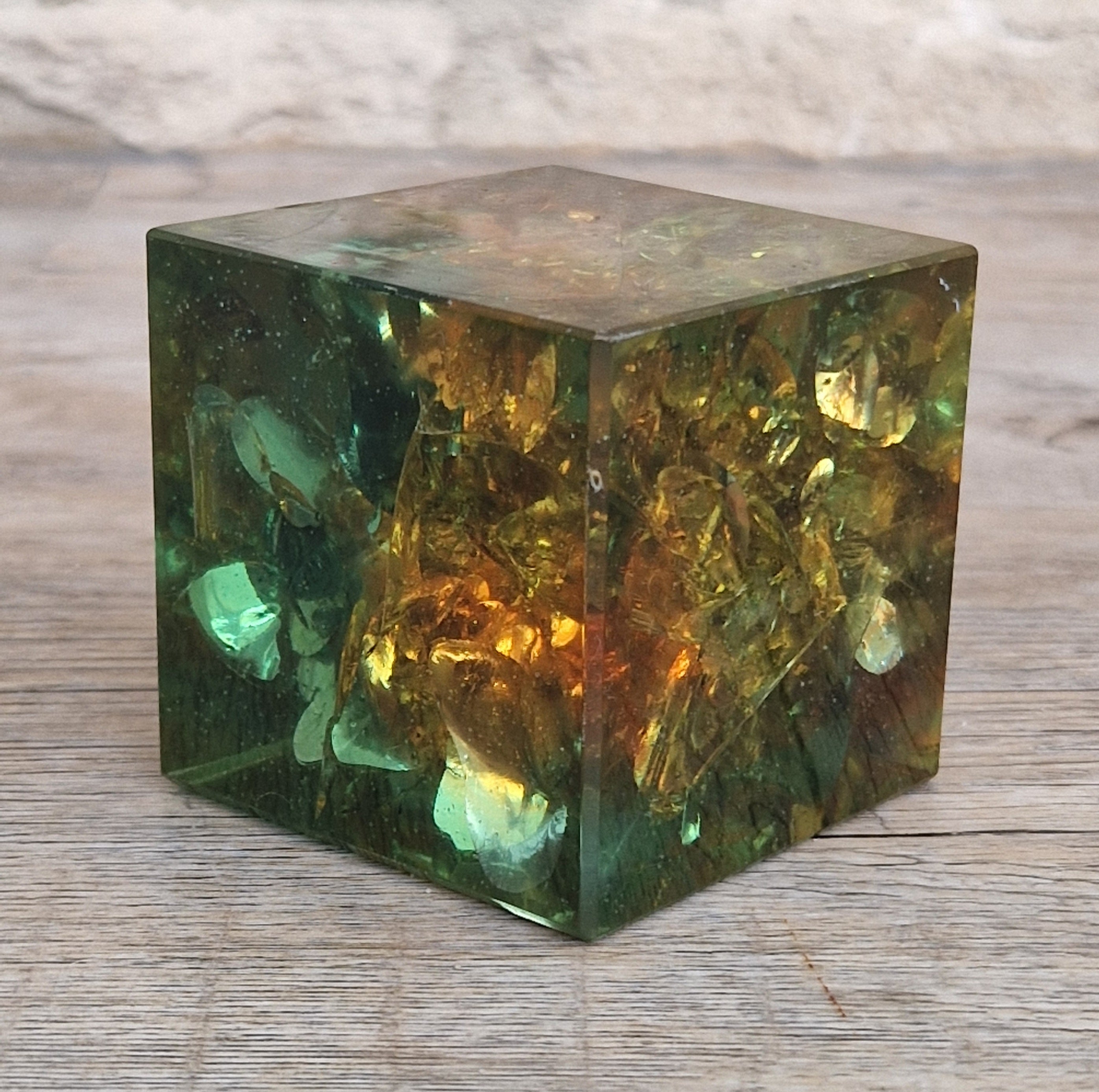 Vintage 1960s Shattaline Resin Cube Paperweight Amber Green Fractured Ice Mid Century Desk Ornament