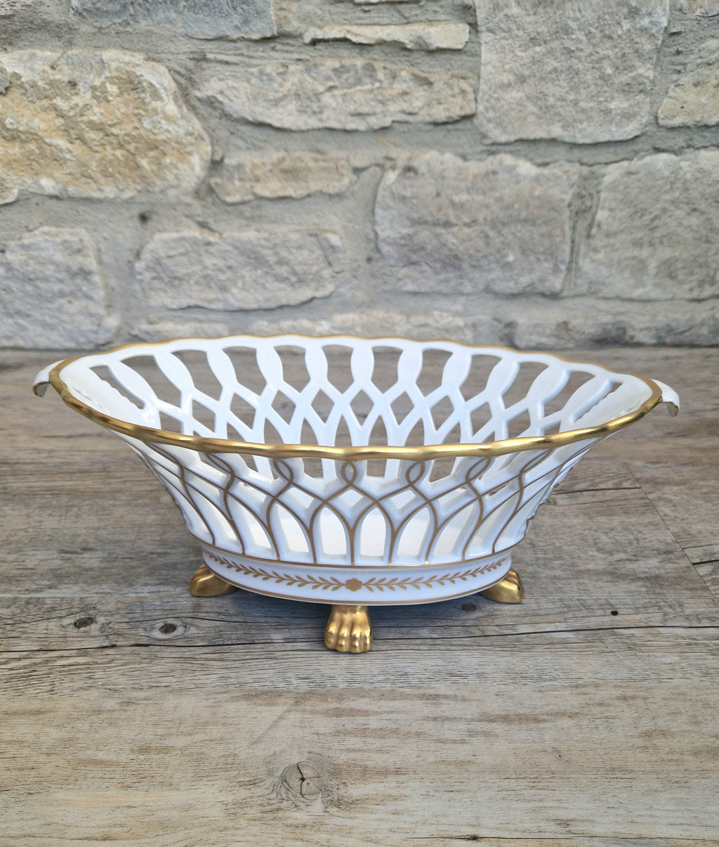 Large Vista Alegre Reticulated White & Gold Ceramic Basket Fruit Bowl Old Paris Style