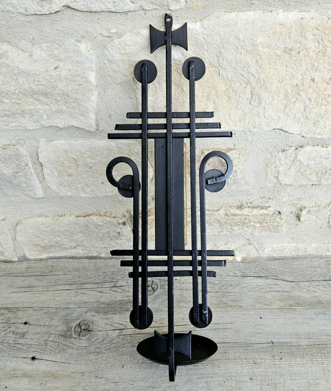 Midcentury Gothic Danish Iron & Orange Glass Candle Sconce Dantoft Denmark, Wall Mount Vintage Decor